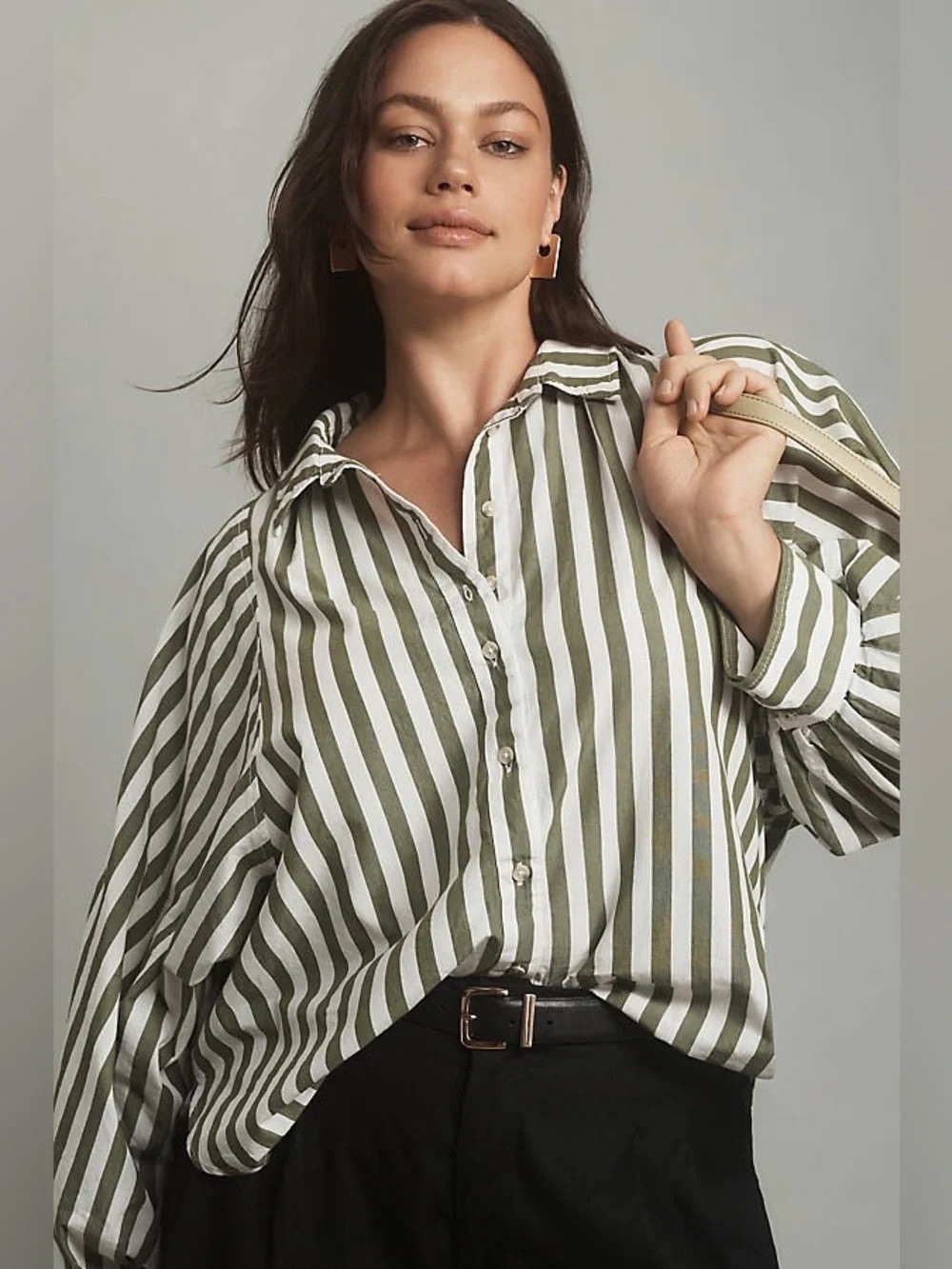 Anthro Pilcro Olive & White Bailey Boyfriend Striped Button-Down Shirt EUC | XS